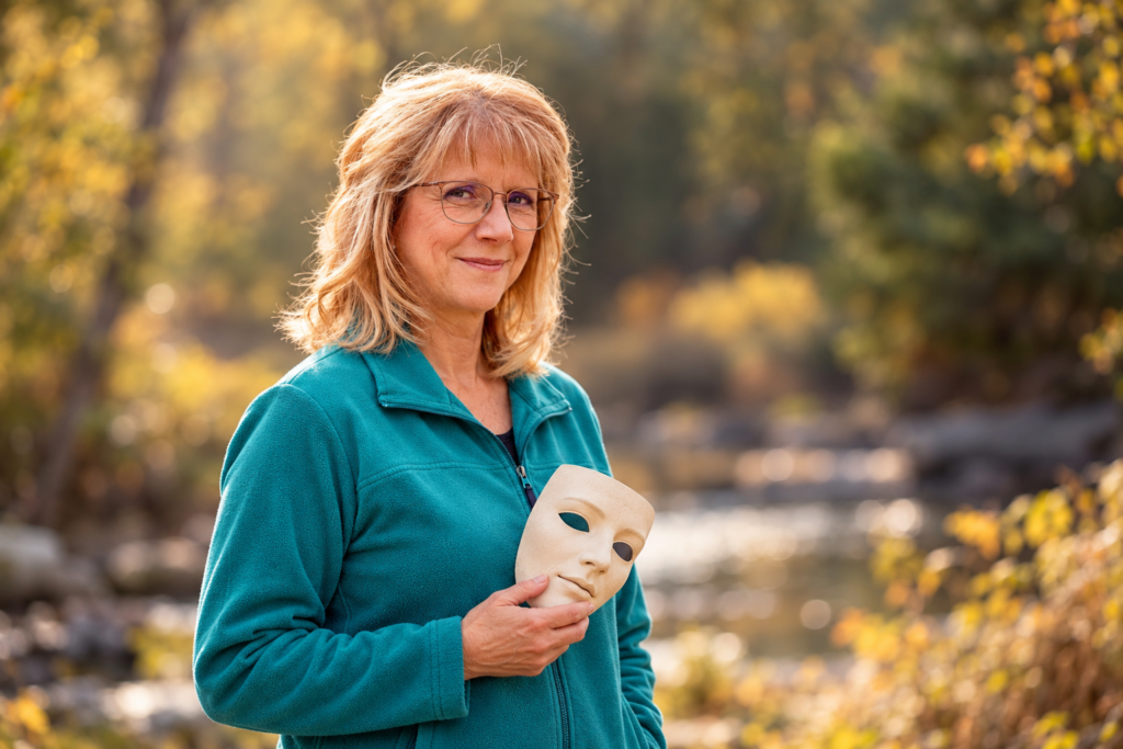Lucie Zettel holding a lowered mask outdoors, illustrating the masks we wear to fit in and please others.